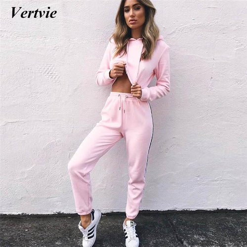 2018 Sexy Women's Tracksuit Cropped Tops Pullover Hoodies+Drawstring Pants Patchwork Sport Running Fitness Suits Autumn